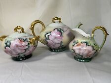 1920 T & V Limoges Hand Painted Pink Rose 6-Cup TEAPOT/CREAMER/SUGAR BOWL Signed picture