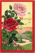 c1910s HAPPY BIRTHDAY Embossed Postcard Pink & Red Roses / Sundial - UNUSED picture