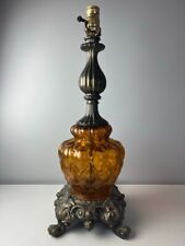 MCM Amber Glass Globe & Solid Brass Hollywood Regency Table Lamp - Vintage  picture