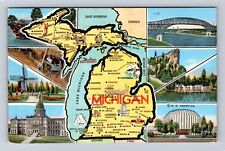 MI-Michigan, General Greeting, State Map, Point of Interest, Vintage Postcard picture