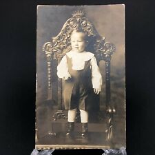 Antique Early RPPC Vintage Postcard Child Portrait Heavy Carved Chair Furniture picture