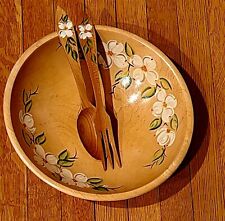 Vtg Retro Boho Woodcraftery Hand Painted Dogwoods Salad Serving Bowl & Utensils picture