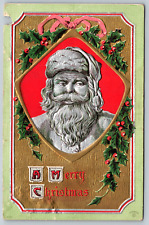 c1910s Merry Christmas Santa Claus Gold Silver Gilded Embossed Vintage Postcard picture