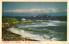 Victoria B.C. Canada CPR Steamer Arriving in Rough Sea Linen Postcard 1940s picture