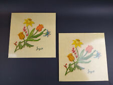Vintage 1970s Floral Wall Plaque or Trivet Set Litho of Embroidered Flowers USA picture