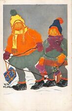 c.1923 sgd. Gigi Klima Boy & Girl in Snow post card Cizek's Vienna Art School picture