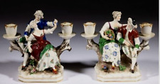 Set of Antique Continental Porcelain 2 Arm Candleholders Amorous Couples Crown X picture