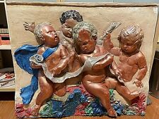 VTG Italian Large Plaster Cherub High Relief Wall Plaque Hand Painted Amorini picture