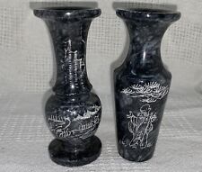 Vintage 4” Grey Marble Stone Hand Etched Engraved Pair Oriental Asian Vases picture