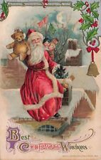 Winsch Santa Claus Holding Stuff Bear Toys Embossed 1912 Christmas Postcard picture