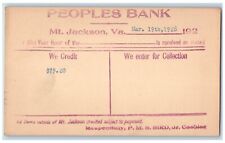 1928 Peoples Bank We Credit $79.20 Mt. Jackson Virginia VA Antique Postal Card picture