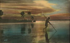Barnhill hand colored Age of Innocence ~ boy fishing tropical sunset ~ postcard picture