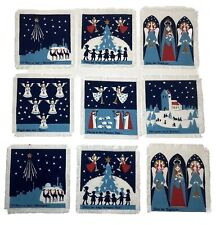 1960’s Swedish Nativity Scene Tapestry Squares Fringe Cloth Christmas Vintage picture