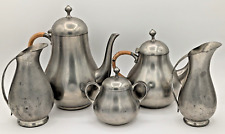 Vtg Mid Century Royal Holland Daalderop Rattan Wrap Pewter Tea Set of 5 picture