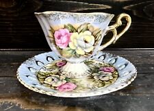 Vintage Iridescent Blue White Gold And Floral Teacup W/ Reticulated Saucer Japan picture