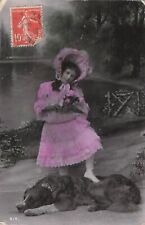 c1915's Greetings Girl w/ Her Grand Dog Tinted Photo Postcard picture