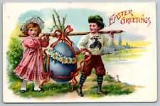 Victorian Easter~Girl & Boy Carry Large Blue Egg~Shoulder Pole~Daisies~Embossed picture