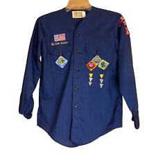Vintage 80s BSA Boy Scouts Cub Scout Shirt Long-Sleeved Blue w/Patches picture