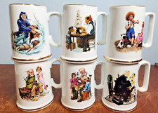 Norman Rockwell Coffee Mugs, Cups White / Gold Trim Set of 6 Vintage 1985 picture