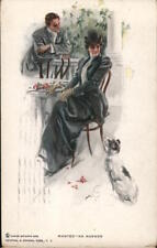 1911 Harrison Fisher Dog With Couple on Porch Antique Postcard 1c stamp Vintage picture