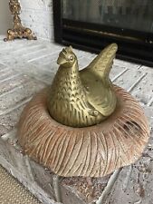 Collectible Gold Brass Chicken Hen on Wooden Nest Figurine Decor 10.5x7.5