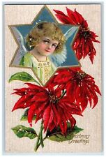 c1910's Christmas Greetings Poinsettia Flowers Embossed Posted Antique Postcard picture