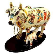 Indian Religion Holy Kamdhenu Cow & Calf  Statue Resin God Goddess 8x6 Inches picture