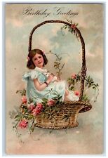 1910 Birthday Greetings Girl Sat On Basket Flowers Embossed Antique Postcard picture