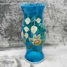 Vintage Hurricane Lamp Shade Blue Glass Chimney with Hand Painted Yellow  Roses picture