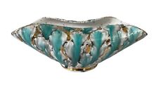 Vtg MCM Turquoise Gold Drip Glazed Pottery Folded Pinched Dish Bowl Italy FLAW picture