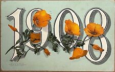 New Year Orange Poppies Floral Antique Postcard 1908 picture