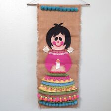 Vintage Mid Century Wall Hanging Girl Pom Pom Skirt Handmade Burlap Felt Banner picture