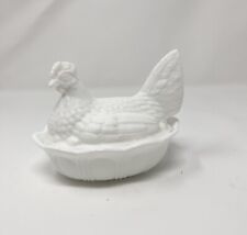 Vintage c 1940 Small Chicken HEN on NEST Milk Glass Covered CANDY DISH Container picture