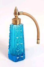 Antique Perfume Bottle Atomizer Blue Glass Brass Cut Glass France picture