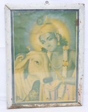 Vintage Old Hindu Lord Krishna With Cow Beautiful Litho Print Wooden Framed picture