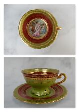 Antique Royal Vienna Porcelain Demitasse Cup & Saucer Green and Burgundy Red picture