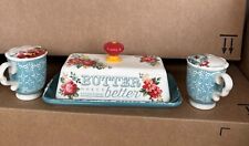 Pioneer Woman Vintage Floral Lidded Butter Dish Salt Pepper Shakers Stoneware picture