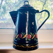 Farmhouse Vintage Antique Black Teapot Metal Yellow Red Green Paint Coffee Vase picture