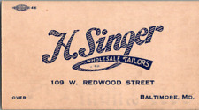 H. Singer Wholesale Tailors in Baltimore Maryland 1920s Business Trade Card Ad picture