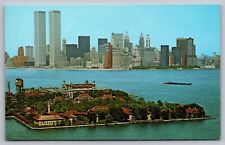 Ellis Island w/Twin Towers in Background Postcard-Dexter Press-Jim Doane Photo picture