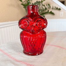 Vintage MCM Viking Glass & Rainbow Owl Bottle Decanter Ruby Red picture