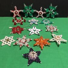15 Vtg Beaded Star Bead Christmas Plastic Ornaments Handmade Mixed Colors picture