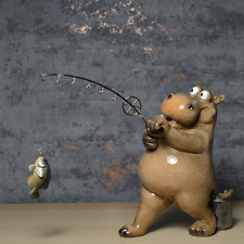 Comical Hippo Fishing Figurine Statue Ceramic Ornament Figure picture