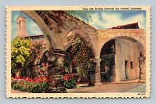 San Juan California Thru The Arches Towards Padres Quarters Linen Postcard picture