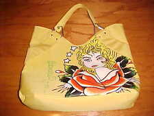 ED HARDY 1971 Vintage Yellow Painted Face Shopping Beach Travel Bag Totes Snap picture