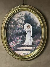 VTG Home Interiors Victorian Lady w Umbrella Gold Frame Oval Picture 19x23 picture