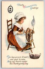 Clapsaddle Thanksgiving~Pilgrim Girl At Spinning Wheel~Silhouette On Wall~WOLF picture