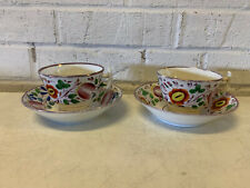 Antique Pair of English Staffordshire Pink Luster Lustre Cups & Saucers Floral picture