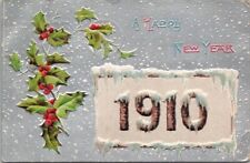 1910 HAPPY NEW YEAR Embossed Postcard Holly / Large Numbers -1909 OK Cancel picture