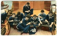 c.1907 U.S. NAVY SAILORS SEWING GARMETS on BOARD MILITARY SHIP~MITCHELL POSTCARD picture